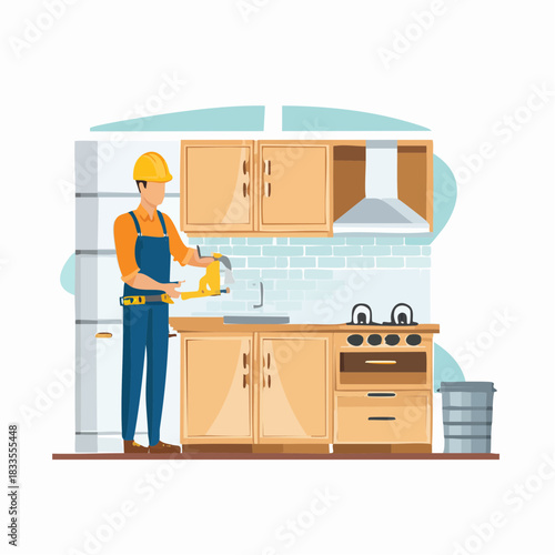 A skilled handyman is shown working on a kitchen renovation, installing cabinets and appliances with precision and expertise for a functional space.