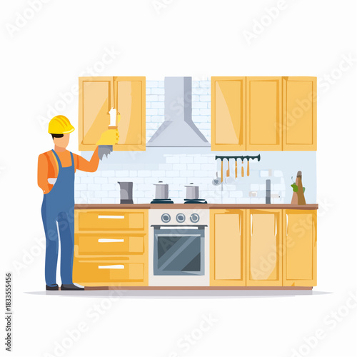 A kitchen renovation illustration depicts a worker installing a cabinet light, showcasing home improvement and interior design concepts.
