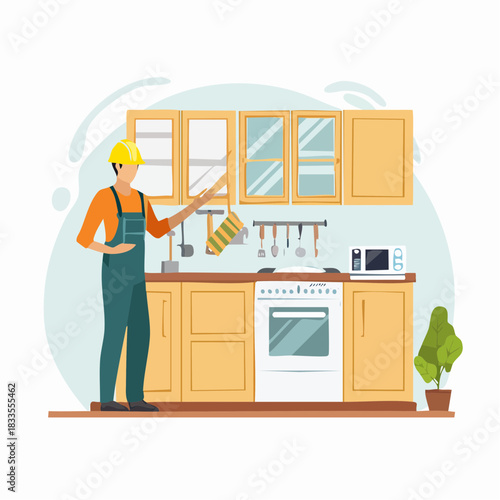A kitchen renovation illustration depicts a worker in overalls and a hard hat, surrounded by cabinets, appliances, and plants, ready to begin the remodel.