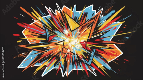 Colorful Abstract Explosion with Sharp Edges and Dynamic Lines on Dark Background.