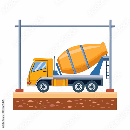 A vibrant illustration showcases a yellow concrete mixer truck, ready for construction, set against a white background with a simple design.