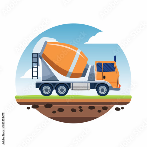 A vibrant illustration showcases a concrete mixer truck, its orange drum poised against a backdrop of a bright blue sky, ready for construction tasks.