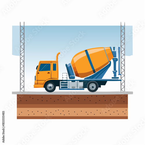 A vibrant illustration showcases a concrete mixer truck, positioned on a construction site, ready to pour cement, symbolizing building and industry.