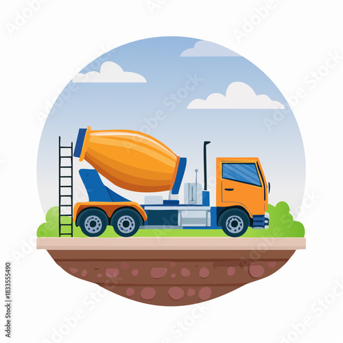 A vibrant illustration showcases a concrete mixer truck, ready for construction, set against a backdrop of a bright blue sky with fluffy white clouds.