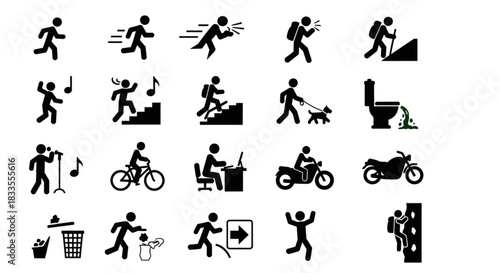 Silhouette Icons Representing Various Human Activities and Actions