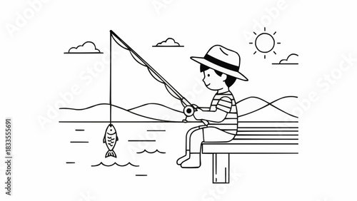 Young boy fishing from a dock, enjoying a peaceful day by the water.