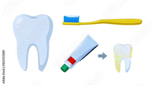 set of vector teeth, toothbrush, toothpaste on transparent background