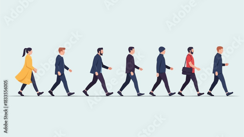 People walking in a row, diverse group of individuals, side view, going forward.