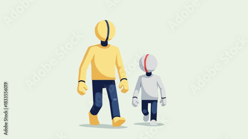 Stylized illustration of a large yellow robot walking with a small white robot.