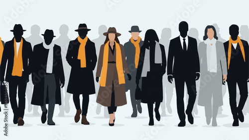 Diverse group of people walking forward in stylish attire with some in silhouette.