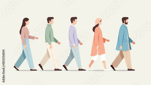 Diverse group of people walking together in a line, side view.