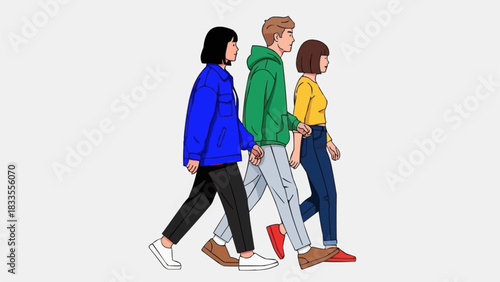 Illustration of three young friends walking together in a line.