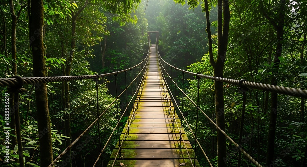 Obraz premium Suspension bridge stretching through a lush green tropical rainforest.