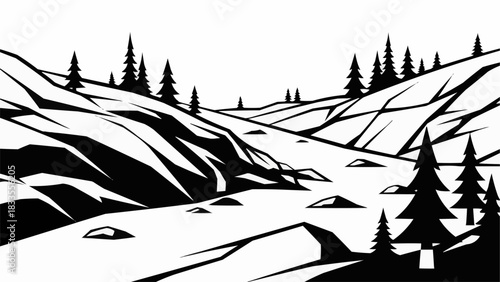 Monochromatic Mountain Valley with Pine Trees and Rocky Terrain.