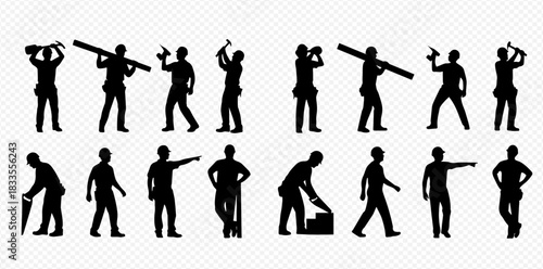 Collection of black silhouettes depicting construction workers and handymen performing various tasks with tools and materials.