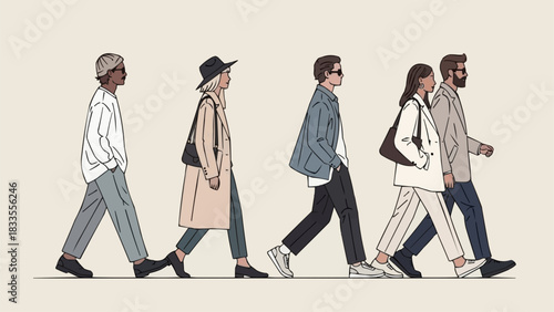 A diverse group of stylish young people walking together in a line.