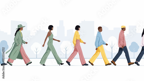 Diverse group of people walking in a line.
