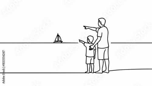 Father and son pointing at a sailboat on the horizon, enjoying a day at the beach.