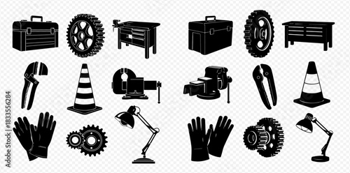 Collection of black silhouette icons representing various workshop tools and industrial equipment on a transparent background.