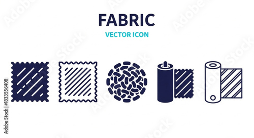 Collection of diverse fabric icons representing various textile textures, patterns, and forms, including woven material, rolled fabric, and stitching details, ideal for design and fashion industries