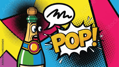 Pop Art Champagne Bottle with Comic Explosion Bubble.