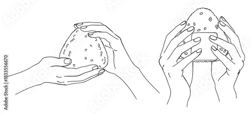 おにぎり（握り飯）を持つ手のイラストセット,和食,手作り,軽食,ご飯,シンプル,ベクター,線画