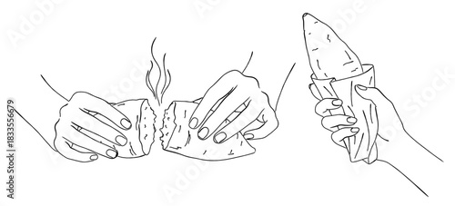 焼き芋（石焼き芋）を持つ・割る手のイラストセット,さつまいも,温かい,秋の味覚,冬,シンプル,ベクター,線画