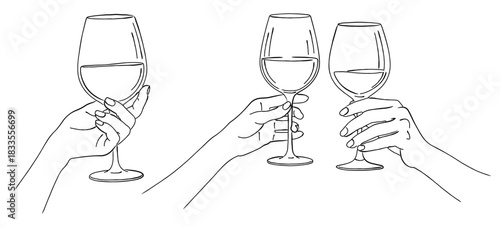 ワイングラスを持つ手のイラストセット（乾杯・パーティー）,お酒,アルコール,ドリンク,優雅,シンプル,ベクター,線画