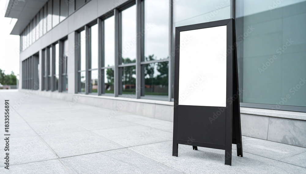 Fototapeta premium Modern black A-frame sign mockup in a clean, commercial gym district.