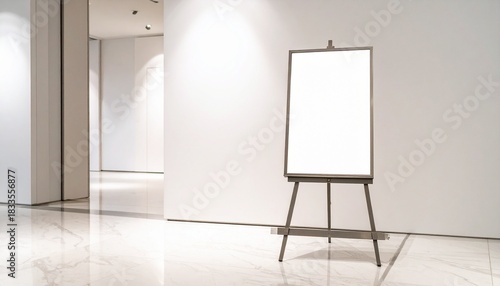 Elegant blank easel sign mockup at the entrance of a sophisticated art gallery.