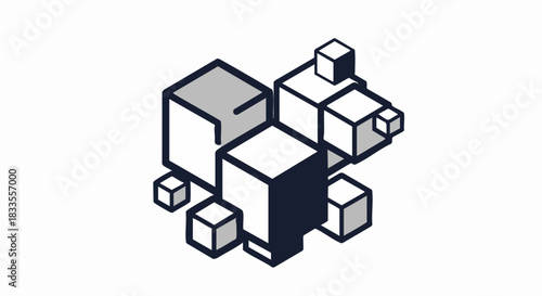 Abstract geometric cube cluster design with varying sizes and shades.