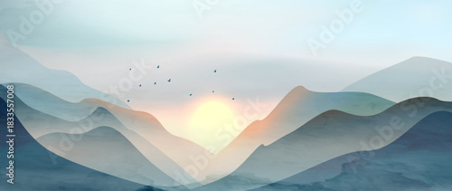 Watercolor landscape art background in blue tones. A natural banner for wallpaper, prints, posters, textiles, and interior design.