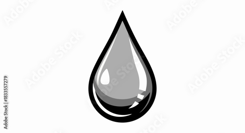 A single glistening water droplet with a reflective surface and a dark outline.