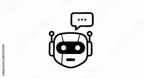 Simple line art icon of a friendly robot head with a speech bubble above it indicating communication or AI.