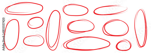 Hand drawn black crayon ovals and circles set. Ellipses in red pencil doodle style. Round freehand shapes, emphasis highlights.