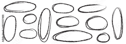 Hand drawn black crayon ovals and circles set. Ellipses in red pencil doodle style. Round freehand shapes, emphasis highlights.