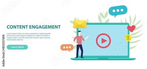 content engagement for social media template with laptop and some icon spreading around and laptop bounce from top with video animation or animated motion