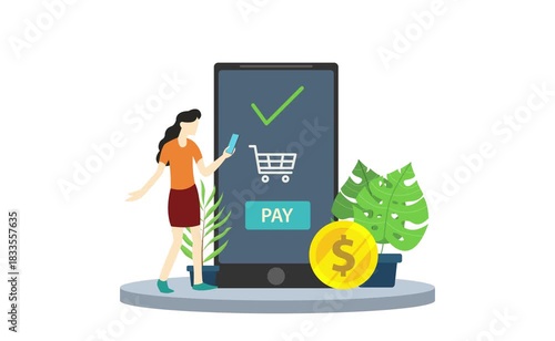 online mobile payment with smartphone bounce and woman standing slide from side with video animation or animated motion