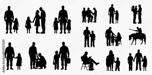 Collection of black silhouettes depicting various family interactions, including parents and children holding hands, playing, and spending time together.