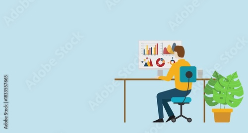 financial report analysis with man sit working to analyze data on computer with video animation or animated motion