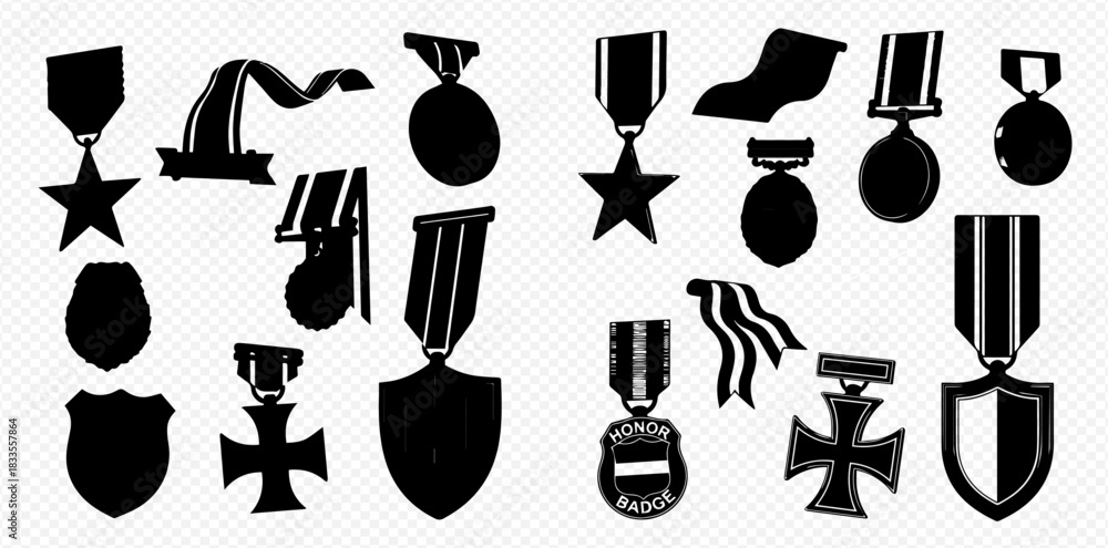 Obraz premium A collection of black silhouettes depicting various military medals and ribbons against a white background.
