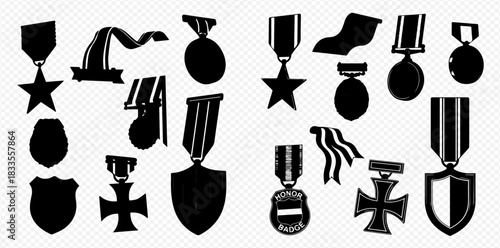 A collection of black silhouettes depicting various military medals and ribbons against a white background.