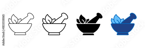 Set of minimalist mortar and pestle icons with transparent background, depicting herbal medicine, pharmacy, and natural health symbols, vector illustration
