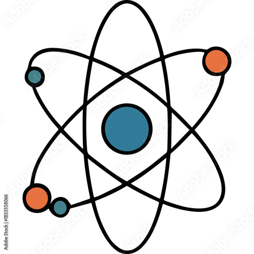 Stylized Atomic Model Illustration Featuring a Central Blue Nucleus and Orbiting Electrons in Orange and Teal Against a Black Background With Subtle Orbital Lines Representing Scientific Concepts