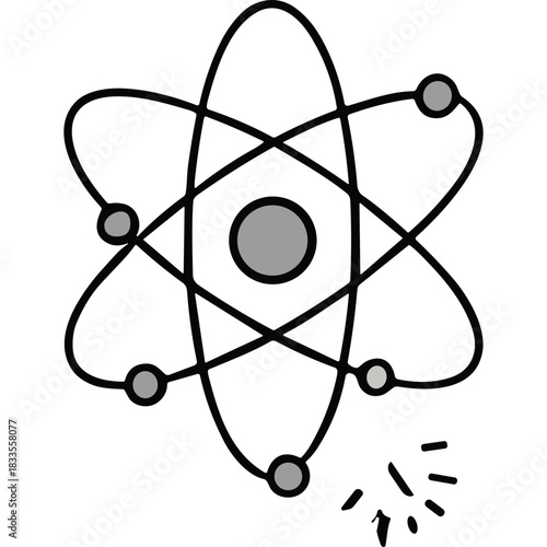 Stylized Atomic Model Illustration With Electrons Orbiting Nucleus In Black And White Scientific Representation Of Matter And Energy With Orbital Paths And Charged Particles