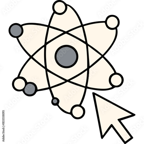 Stylized Atomic Model with Orbiting Electrons and Cursor Icon Illustration Science Technology Concept