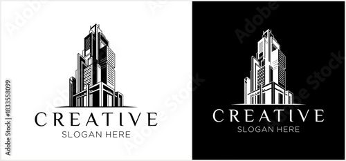 Black and white logo design featuring a stylized building or skyscraper.