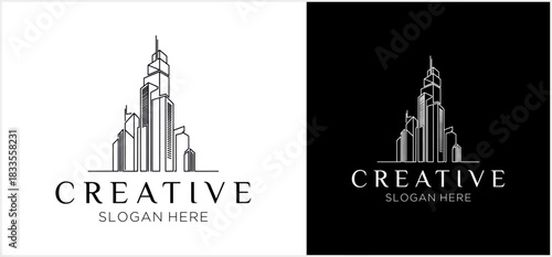 A minimalist line art logo of a city skyline with skyscrapers, shown in black and white versions.