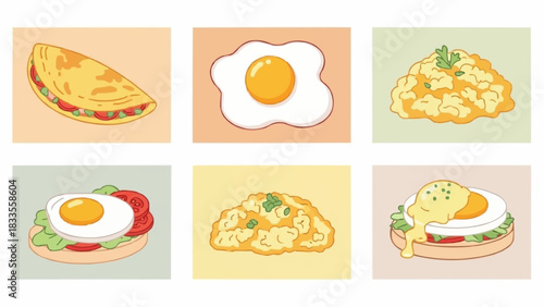 Hand drawn collection of various breakfast egg dishes illustration set.