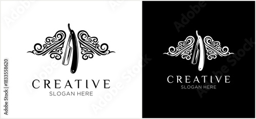 A classic barbershop logo design featuring a straight razor flanked by intricate, swirling ornamental flourishes, shown in black and white variations.